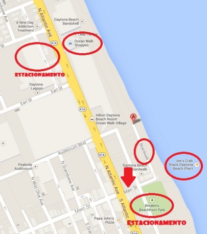 Mapa da área do píer e do boardwalk em Daytona Beach